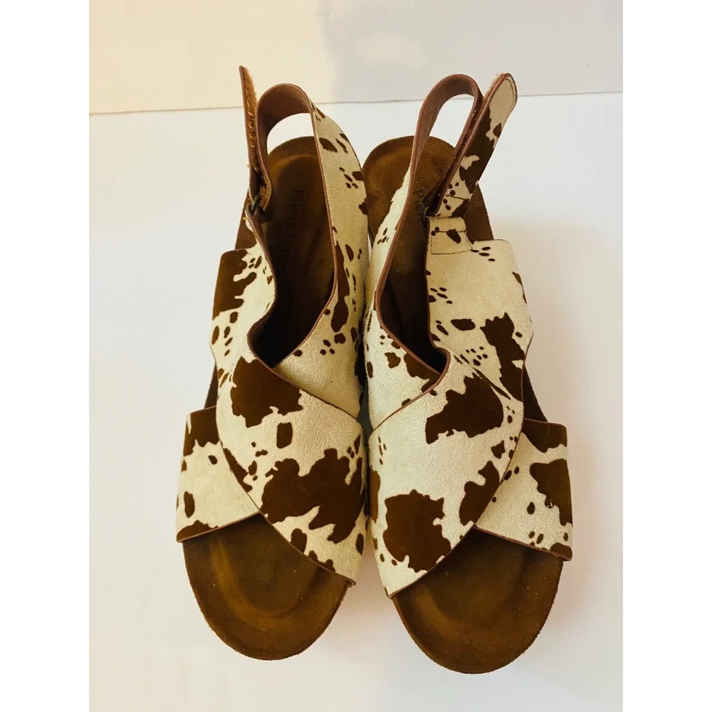 Pierre Dumas Cow Print Platform Wedge Sandals Brown White Slingback 8.5M 751214
